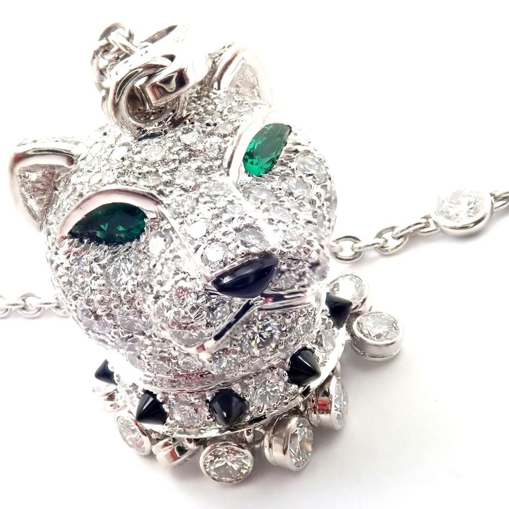 Authentic! Cartier Panther 18k White Gold Diamond Emerald Onyx Pendant Necklace
